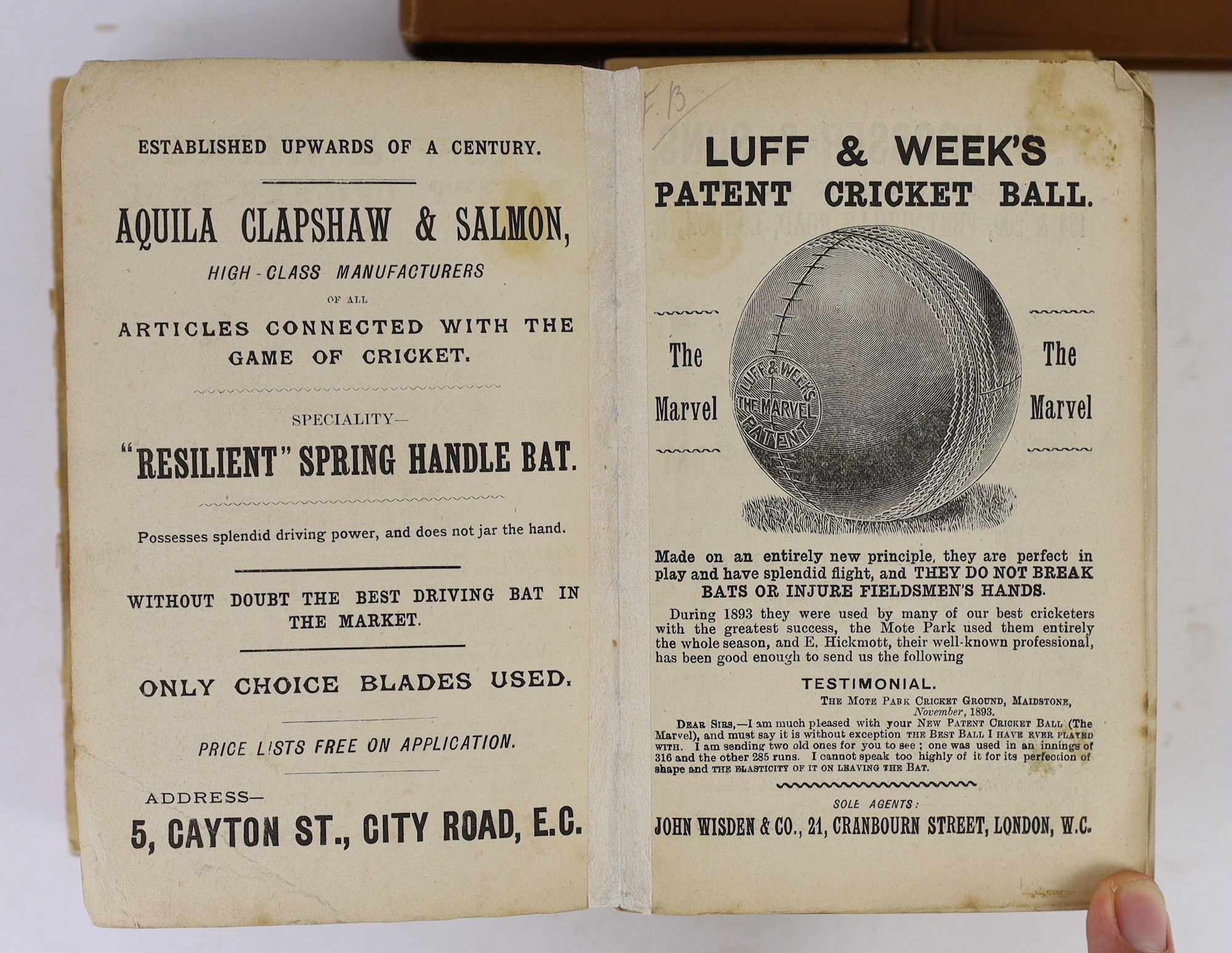 Wisden, John - Cricketers’ Almanack for years, 1895 (32nd edition) original paper wrappers, spine with some paper loss, gutters neatly strengthened with tape; 1896 (33rd edition) rebound brown cloth gilt, retaining origi